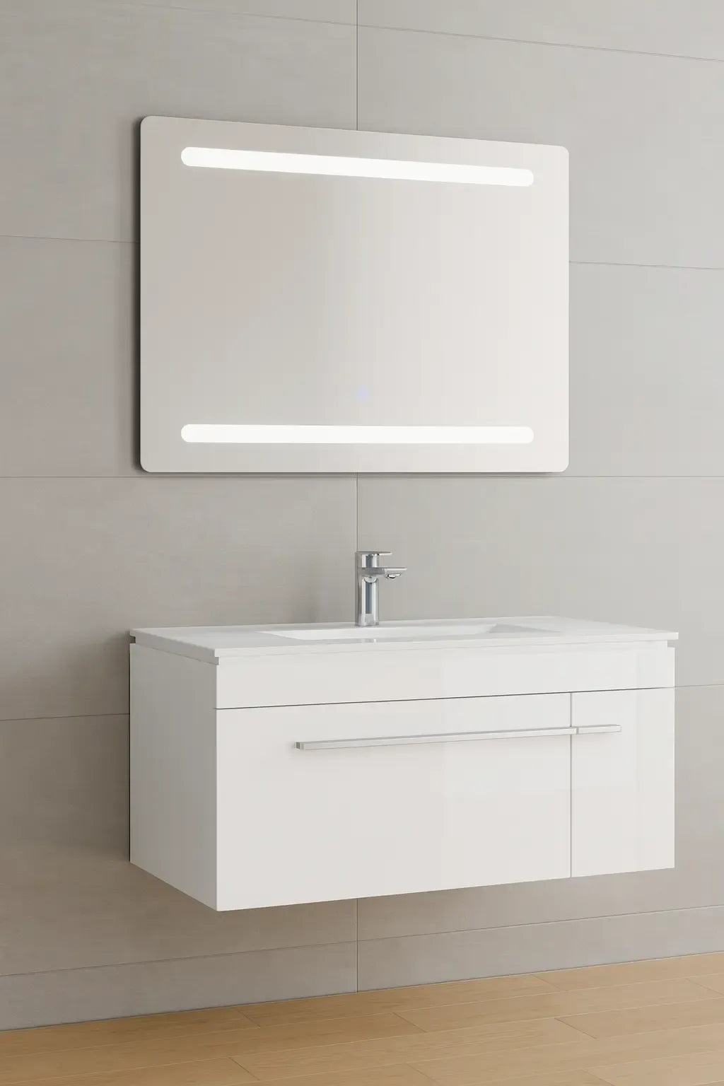 Faizee Home Badmöbelset 90 cm Hochglanz inkl. Keramik-Waschbecken, LED-Spiegel & vormontiertem Unterschrank
