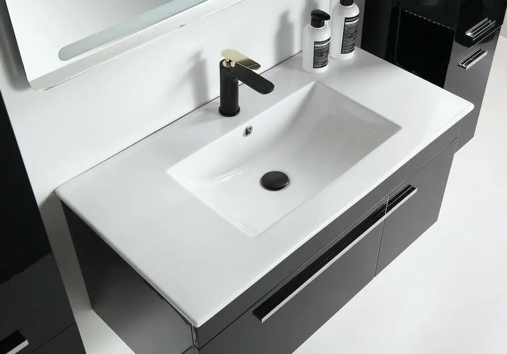 Faizee Home Badmöbelset 90 cm Schwarz Hochglanz inkl. Keramik-Waschbecken, LED-Spiegel & optionalen Seitenschränken