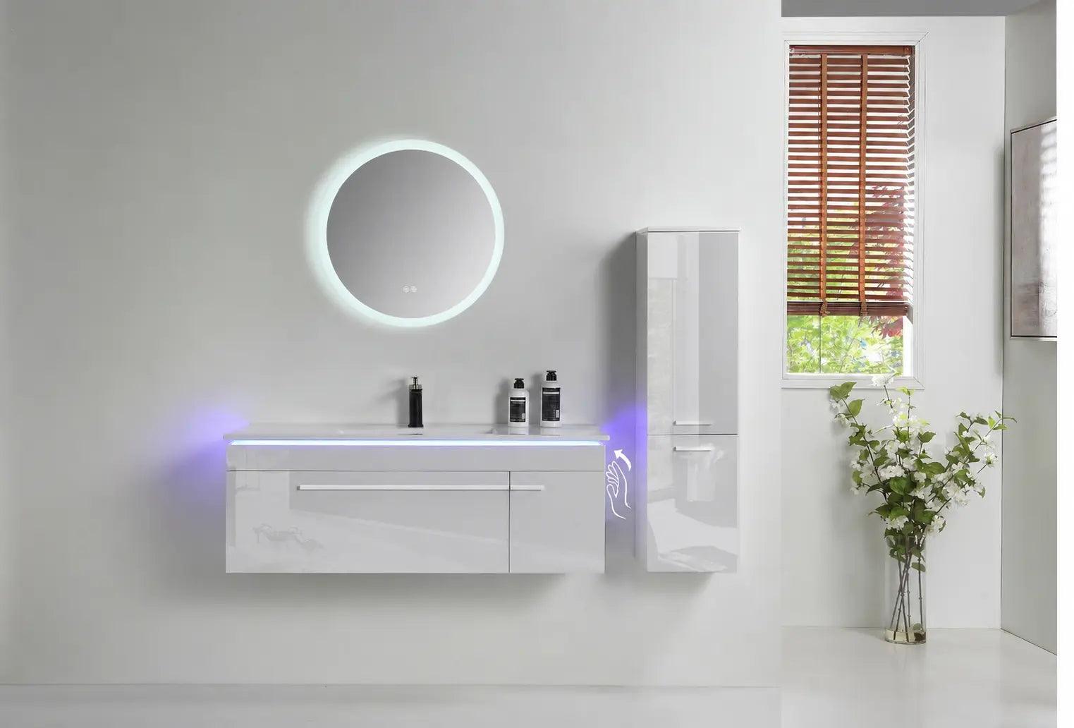 Faizee Home Badmöbelset 90 cm Hochglanz inkl. Keramik-Waschbecken, LED-Spiegel & vormontiertem Unterschrank