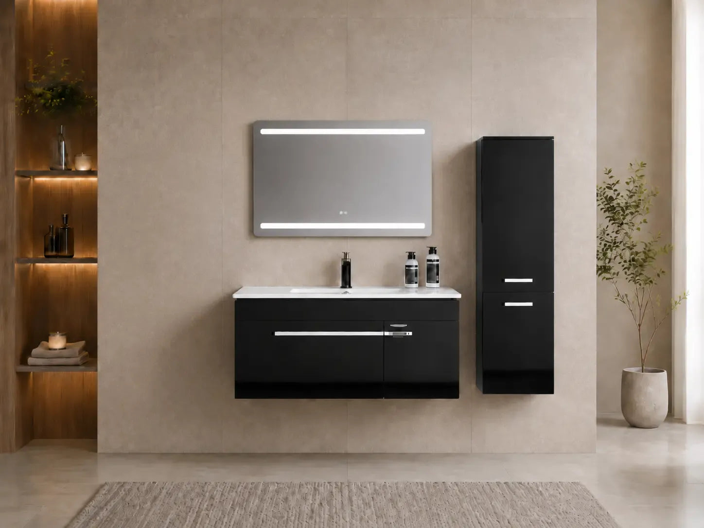 Faizee Home Badmöbelset 90 cm Schwarz Hochglanz inkl. Keramik-Waschbecken, LED-Spiegel & optionalen Seitenschränken