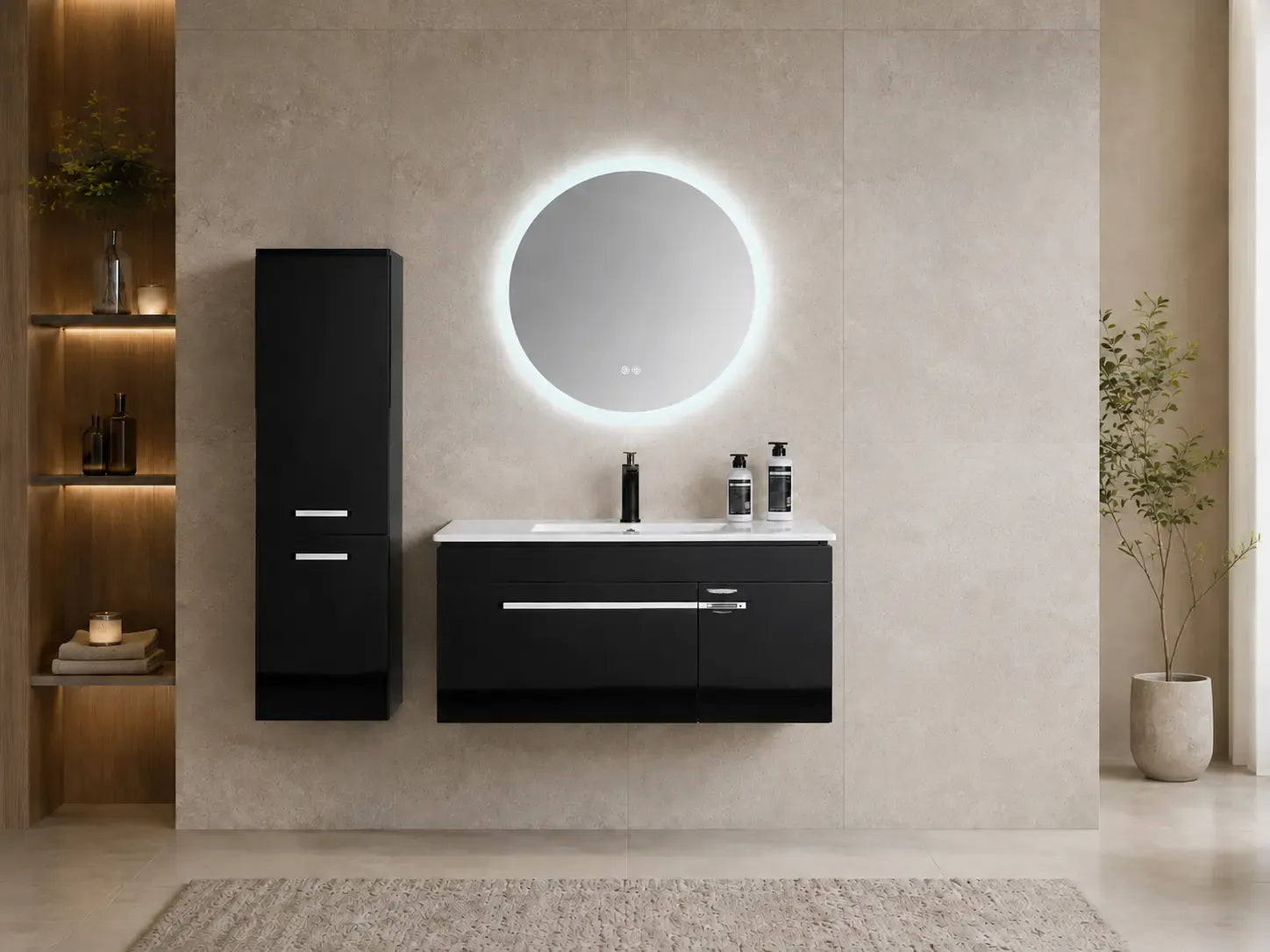 Faizee Home Badmöbelset 90 cm Schwarz Hochglanz inkl. Keramik-Waschbecken, LED-Spiegel & optionalen Seitenschränken