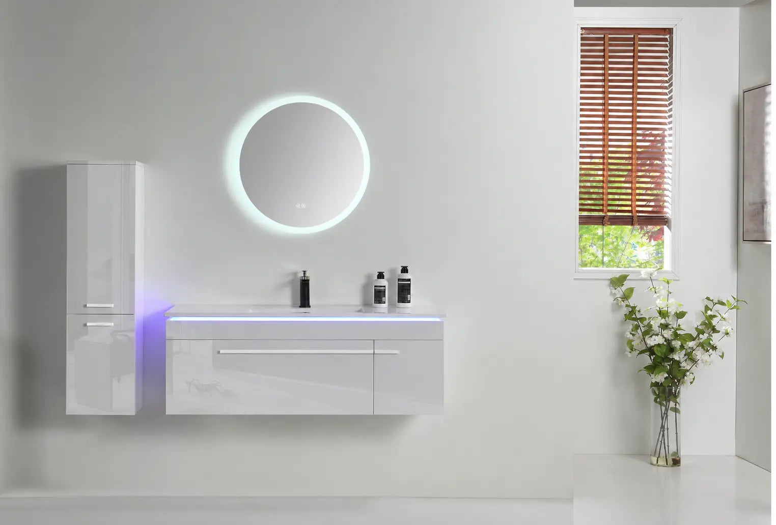 Faizee Home Badmöbelset 90 cm Hochglanz inkl. Keramik-Waschbecken, LED-Spiegel & vormontiertem Unterschrank