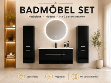 Faizee Home Badmöbelset 90 cm Schwarz Hochglanz inkl. Keramik-Waschbecken, LED-Spiegel & optionalen Seitenschränken