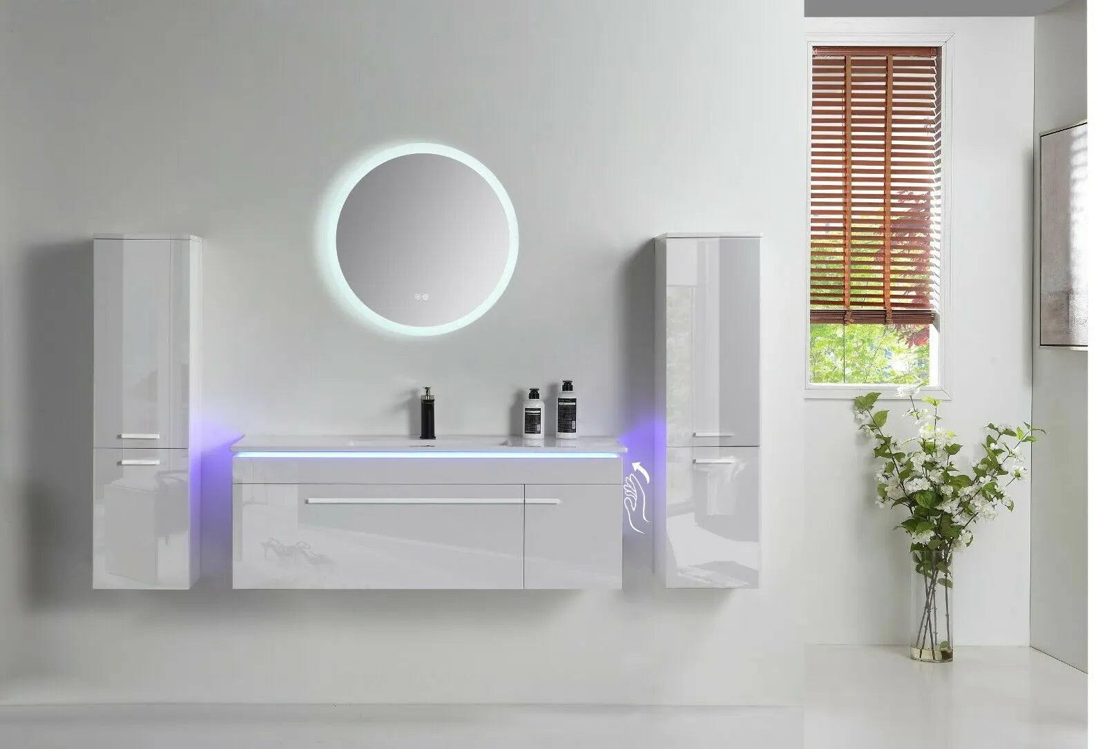 Faizee Home Badmöbelset 90 cm Hochglanz inkl. Keramik-Waschbecken, LED-Spiegel & vormontiertem Unterschrank