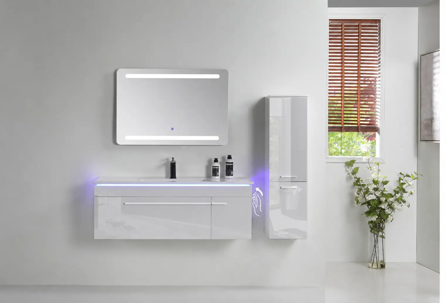 Faizee Home Badmöbelset 90 cm Hochglanz inkl. Keramik-Waschbecken, LED-Spiegel & vormontiertem Unterschrank