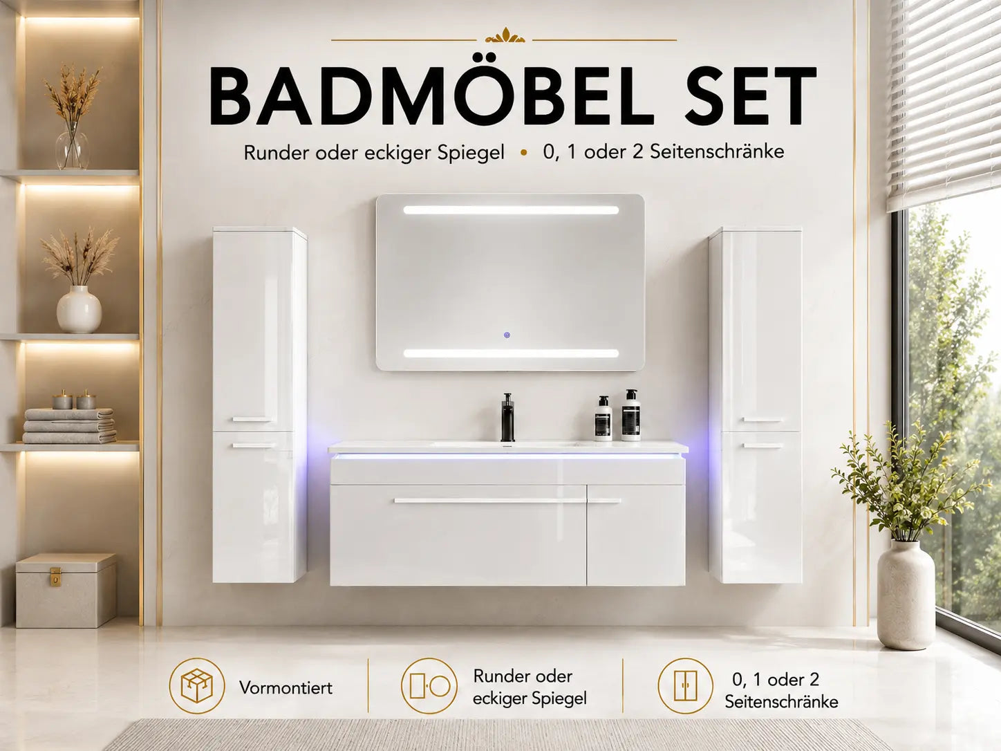 Faizee Home Badmöbelset 90 cm Hochglanz inkl. Keramik-Waschbecken, LED-Spiegel & vormontiertem Unterschrank