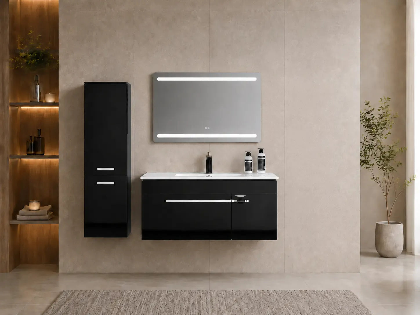 Faizee Home Badmöbelset 90 cm Schwarz Hochglanz inkl. Keramik-Waschbecken, LED-Spiegel & optionalen Seitenschränken
