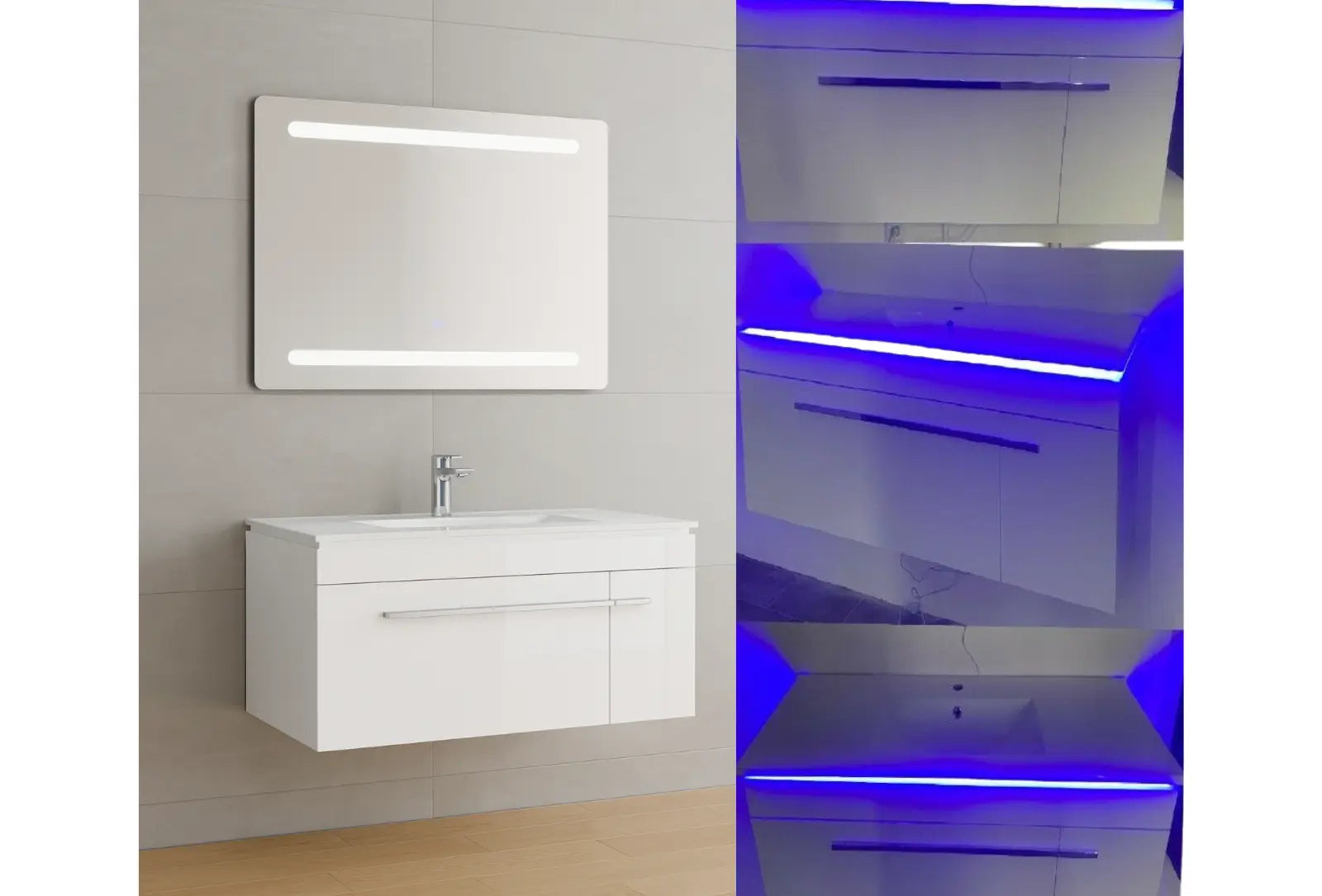 Faizee Home Badmöbelset 90 cm Hochglanz inkl. Keramik-Waschbecken, LED-Spiegel & vormontiertem Unterschrank