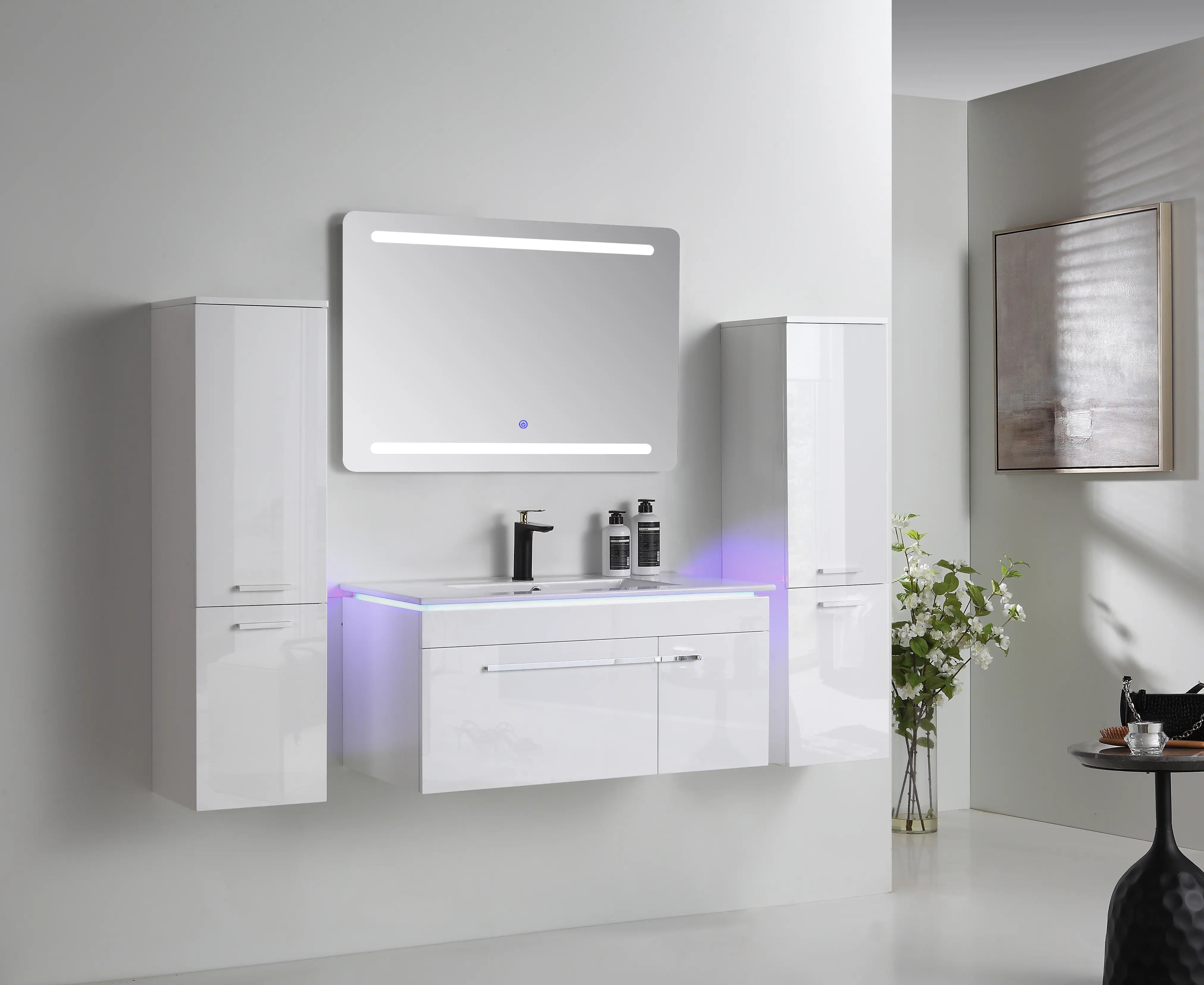 Faizee Home Badmöbelset 90 cm Hochglanz inkl. Keramik-Waschbecken, LED-Spiegel & vormontiertem Unterschrank