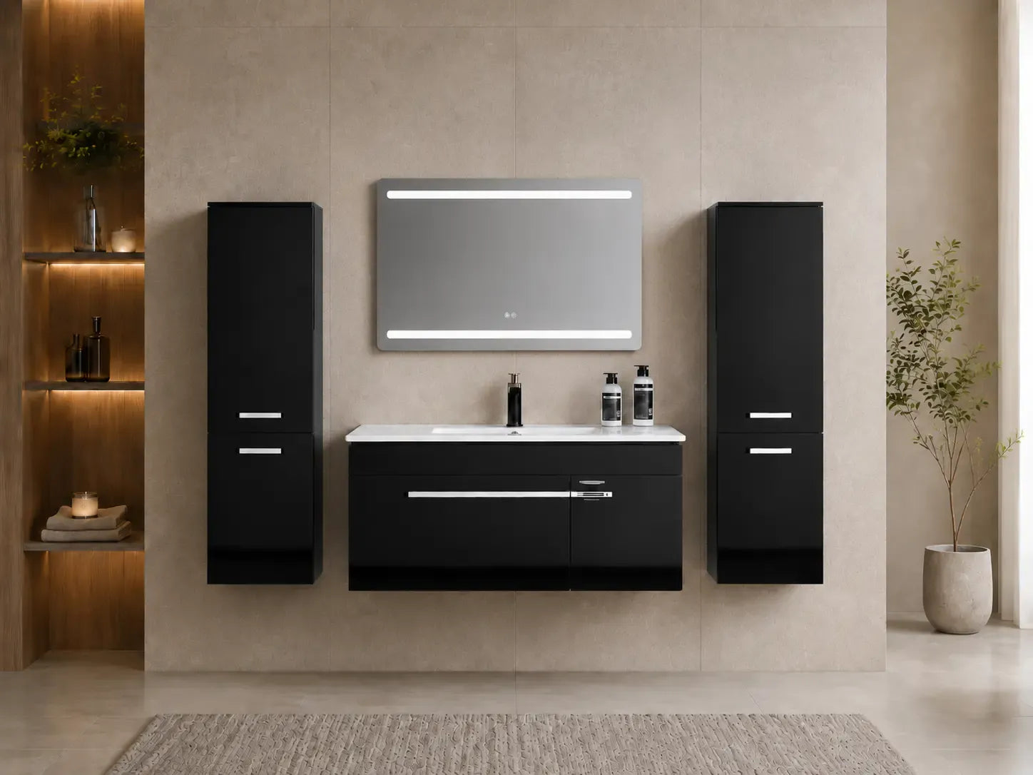 Faizee Home Badmöbelset 90 cm Schwarz Hochglanz inkl. Keramik-Waschbecken, LED-Spiegel & optionalen Seitenschränken