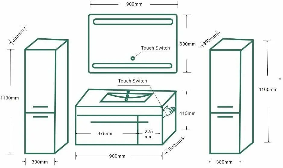 Faizee Home Badmöbelset 90 cm Hochglanz inkl. Keramik-Waschbecken, LED-Spiegel & vormontiertem Unterschrank