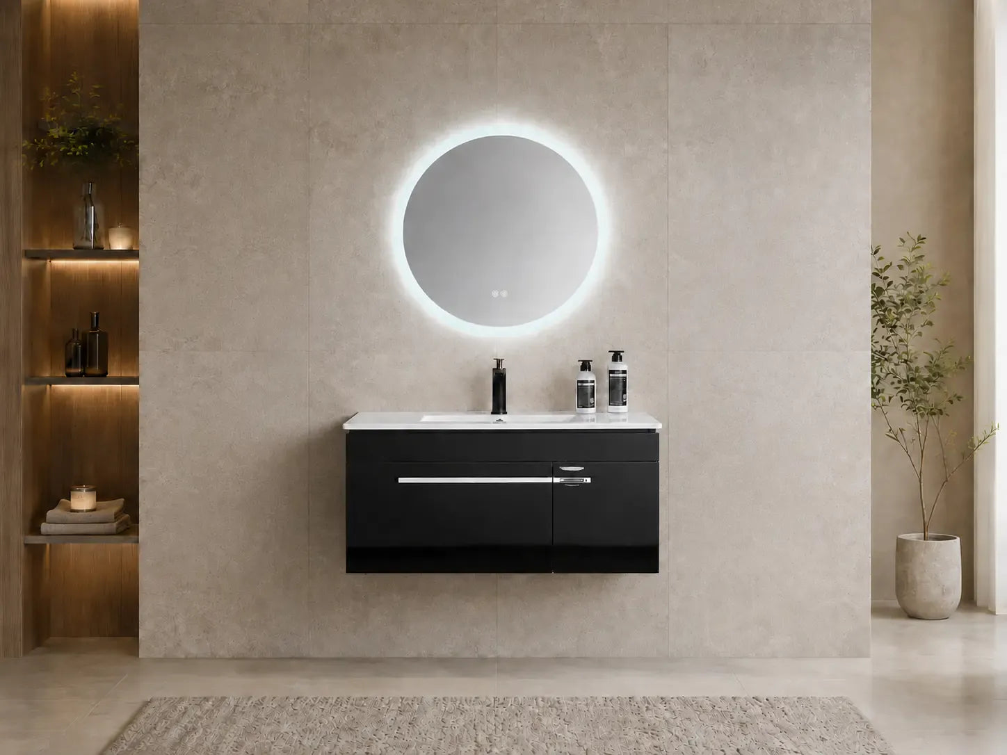 Faizee Home Badmöbelset 90 cm Schwarz Hochglanz inkl. Keramik-Waschbecken, LED-Spiegel & optionalen Seitenschränken