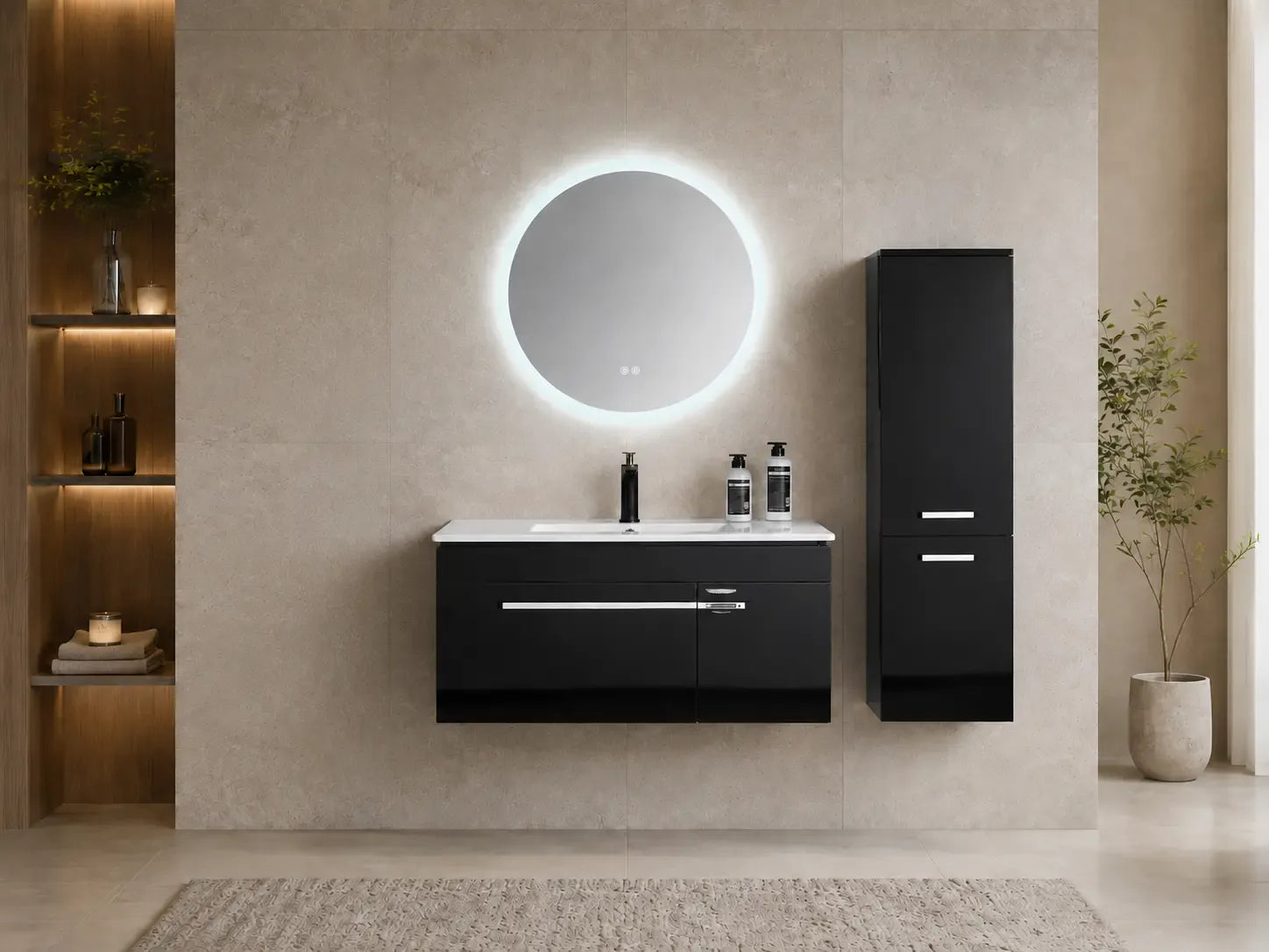 Faizee Home Badmöbelset 90 cm Schwarz Hochglanz inkl. Keramik-Waschbecken, LED-Spiegel & optionalen Seitenschränken