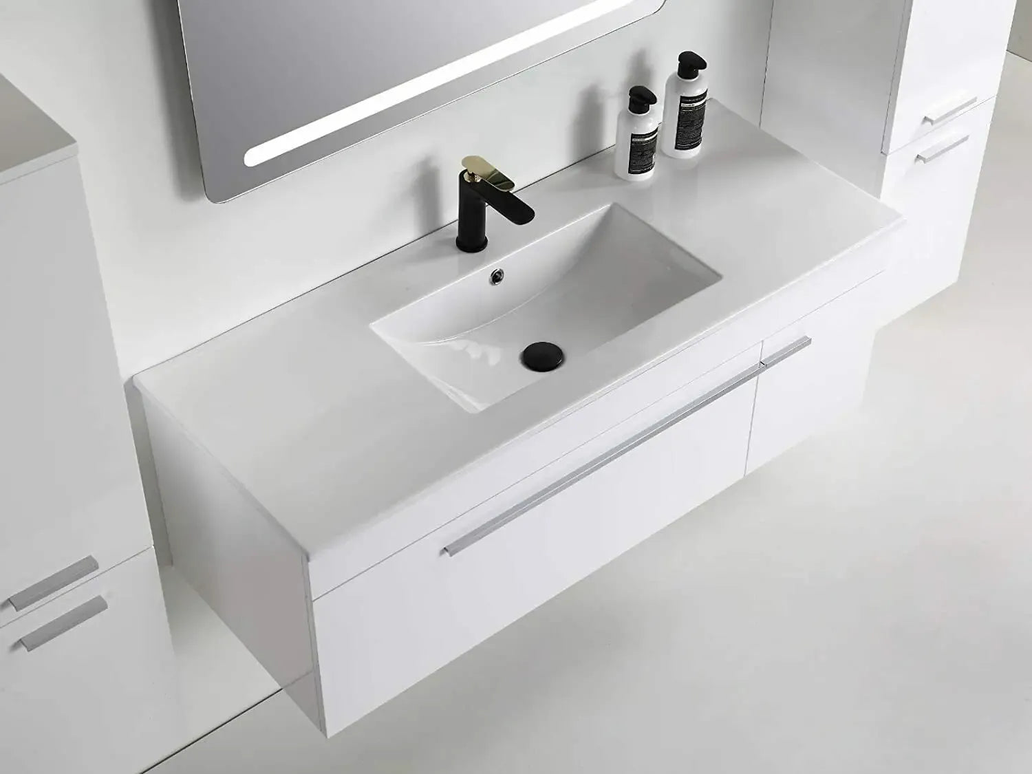 Faizee Home Badmöbelset 90 cm Hochglanz inkl. Keramik-Waschbecken, LED-Spiegel & vormontiertem Unterschrank
