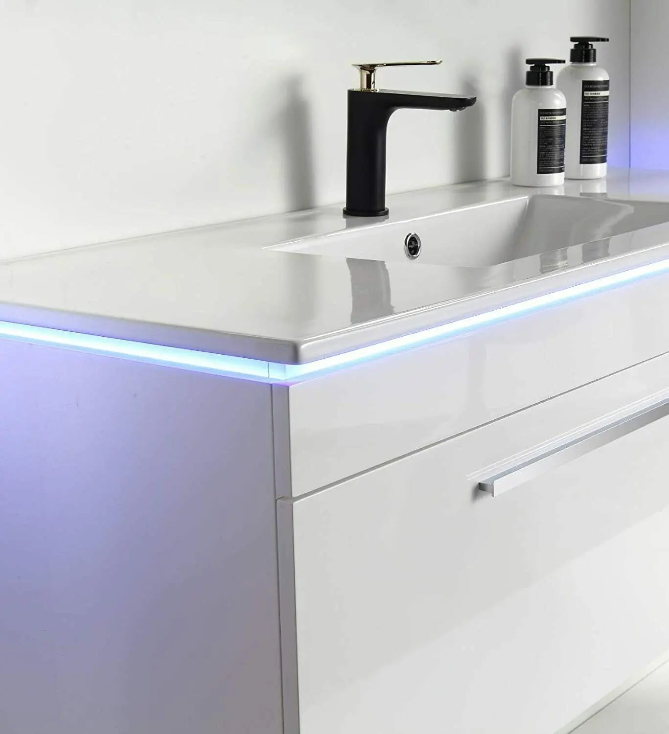 Faizee Home Badmöbelset 90 cm Hochglanz inkl. Keramik-Waschbecken, LED-Spiegel & vormontiertem Unterschrank