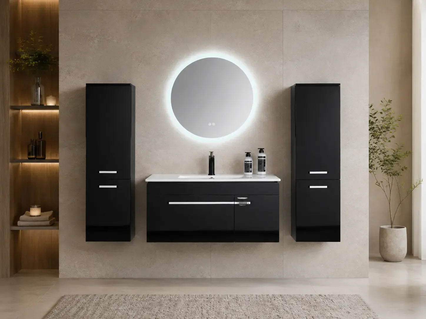 Faizee Home Badmöbelset 90 cm Schwarz Hochglanz inkl. Keramik-Waschbecken, LED-Spiegel & optionalen Seitenschränken