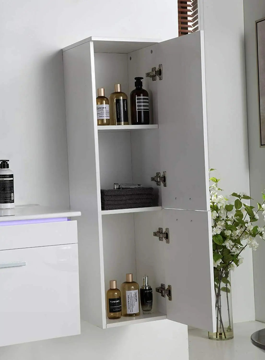 Faizee Home Badmöbelset 90 cm Hochglanz inkl. Keramik-Waschbecken, LED-Spiegel & vormontiertem Unterschrank