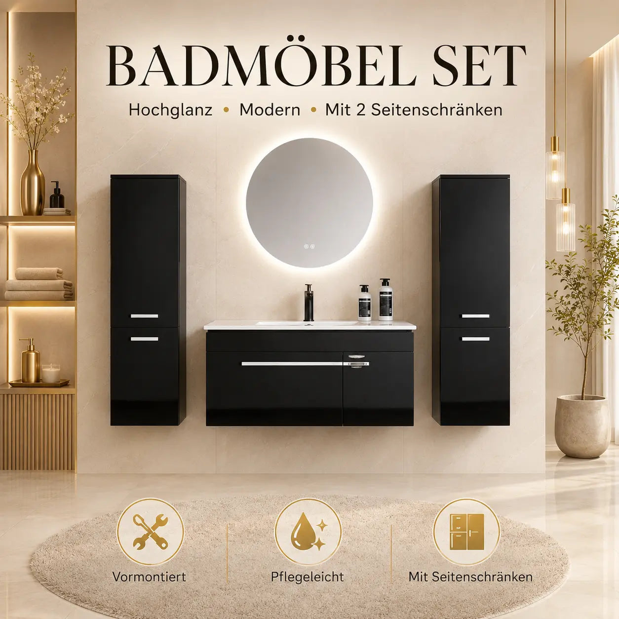 Faizee Home Badmöbelset 90 cm Schwarz Hochglanz inkl. Keramik-Waschbecken, LED-Spiegel & optionalen Seitenschränken