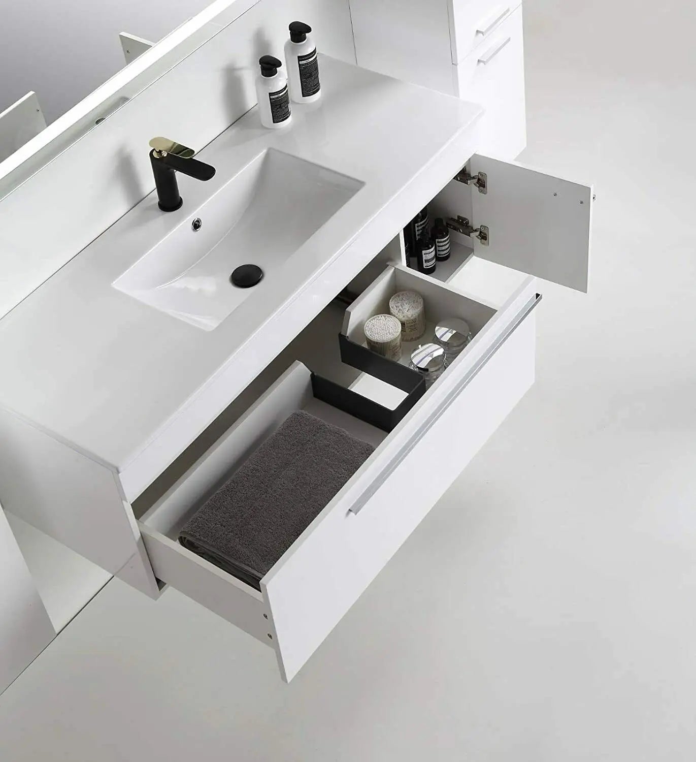 Faizee Home Badmöbelset 90 cm Hochglanz inkl. Keramik-Waschbecken, LED-Spiegel & vormontiertem Unterschrank