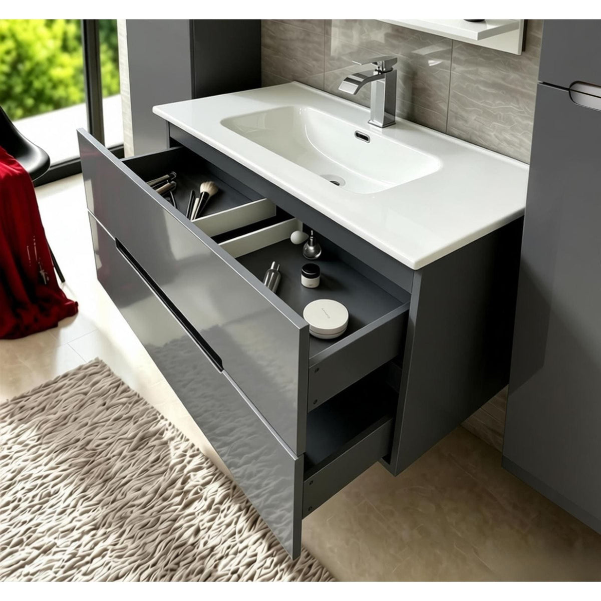 Faizee Home Badmöbelset Aliyah 90 cm Hochglanz Grau Weiß inkl. Waschbecken, Spiegel & Regal