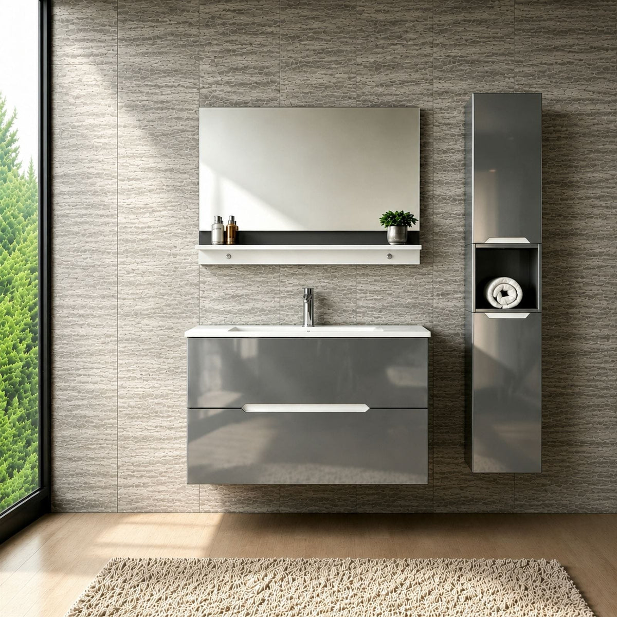 Faizee Home Badmöbelset Aliyah 90 cm Hochglanz Grau Weiß inkl. Waschbecken, Spiegel & Regal