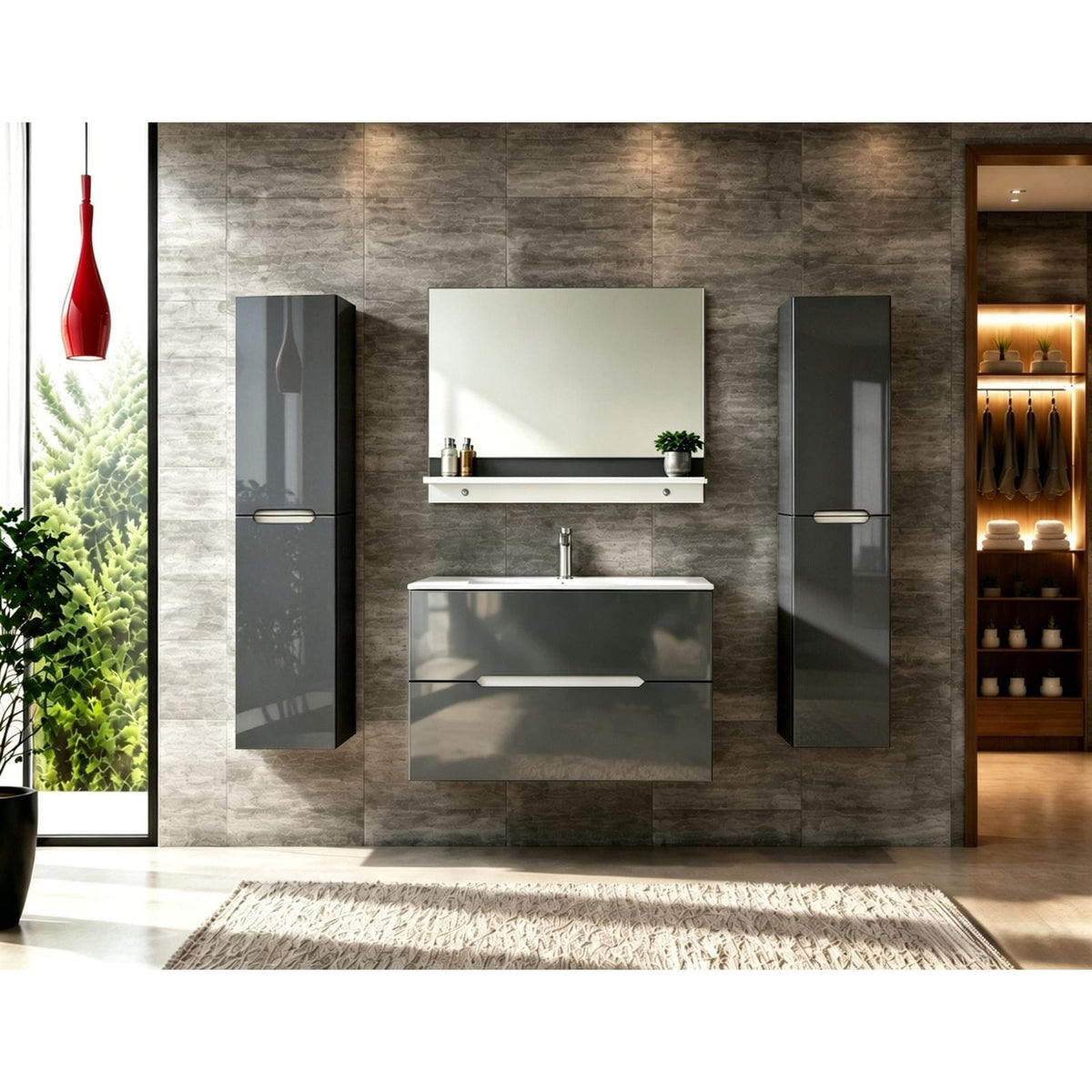 Faizee Home Badmöbelset Aliyah 90 cm Hochglanz Grau Weiß inkl. Waschbecken, Spiegel & Regal