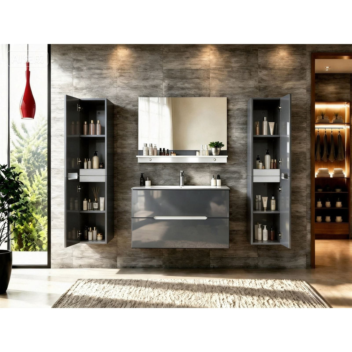 Faizee Home Badmöbelset Aliyah 90 cm Hochglanz Grau Weiß inkl. Waschbecken, Spiegel & Regal