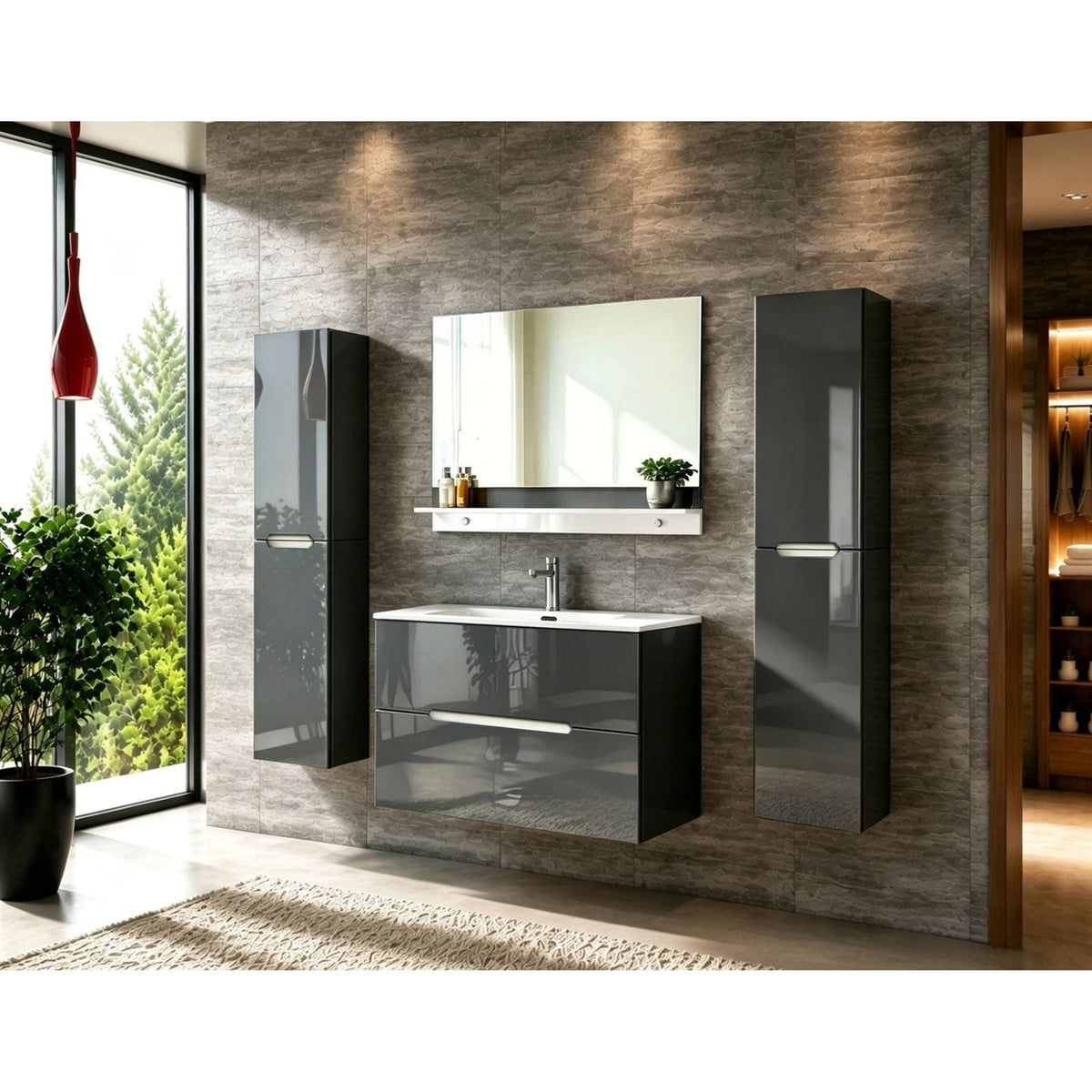 Faizee Home Badmöbelset Aliyah 90 cm Hochglanz Grau Weiß inkl. Waschbecken, Spiegel & Regal