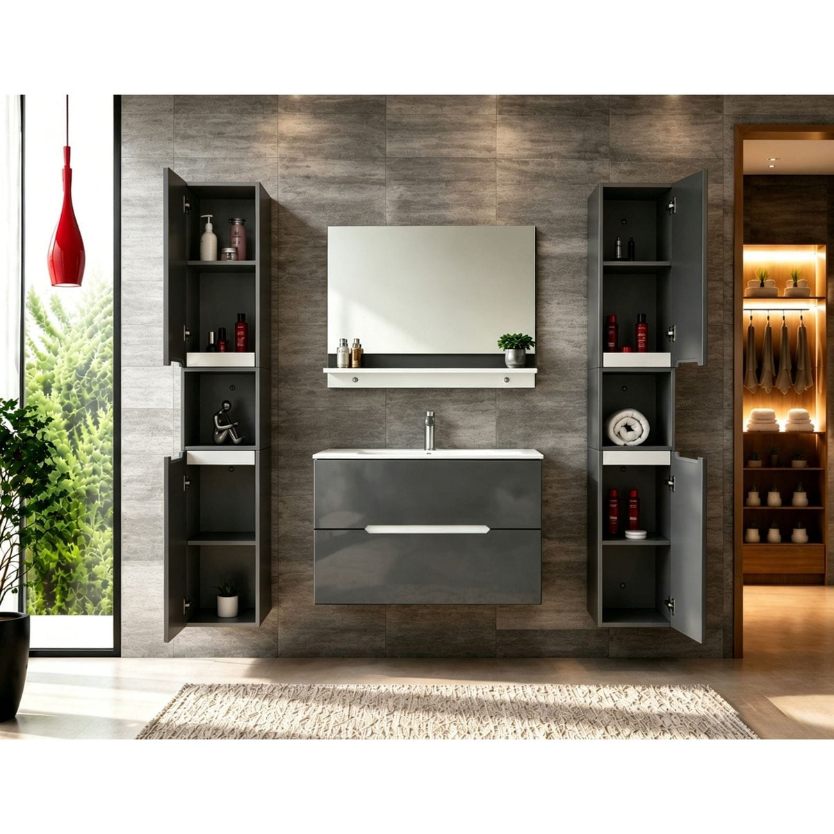 Faizee Home Badmöbelset Aliyah 90 cm Hochglanz Grau Weiß inkl. Waschbecken, Spiegel & Regal