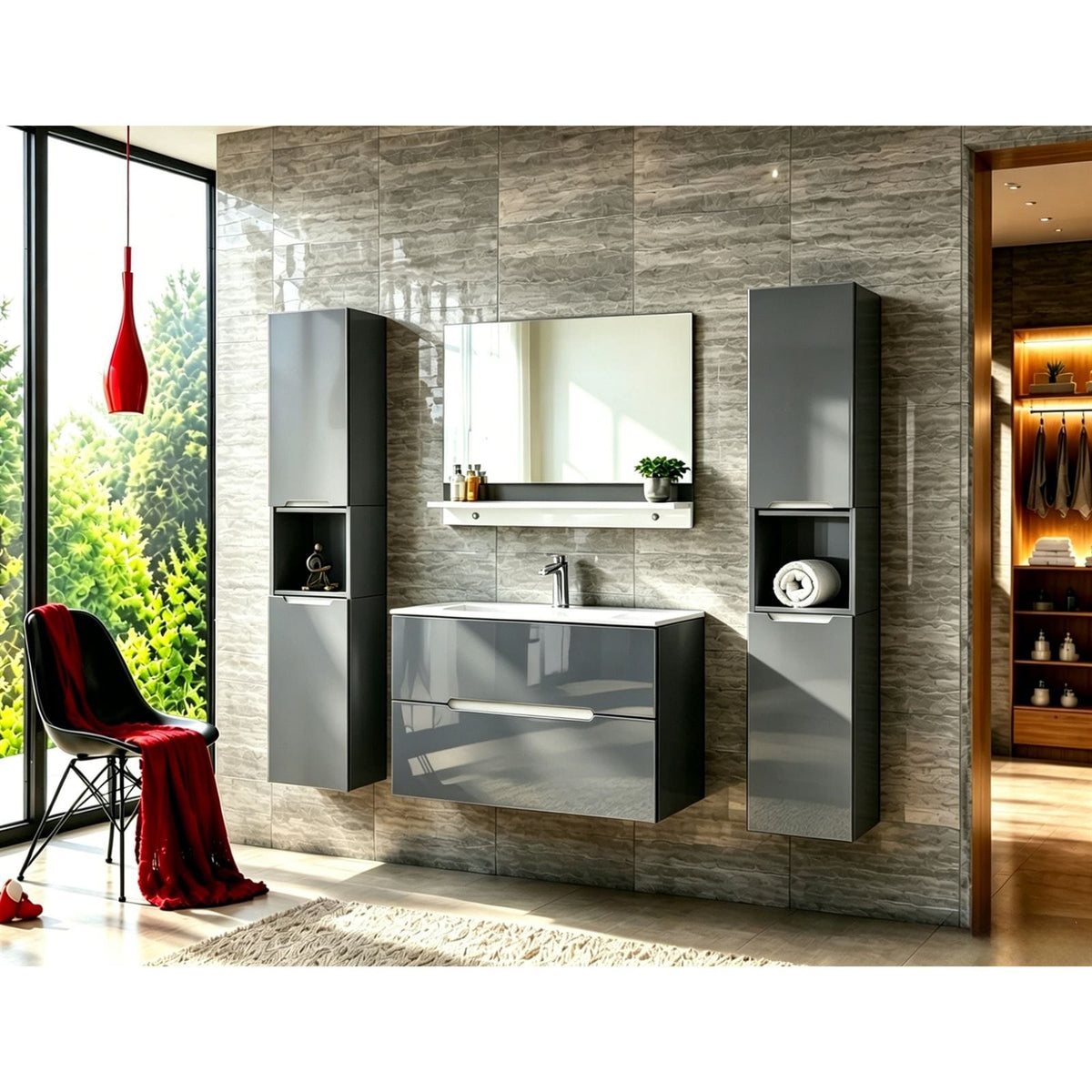 Faizee Home Badmöbelset Aliyah 90 cm Hochglanz Grau Weiß inkl. Waschbecken, Spiegel & Regal
