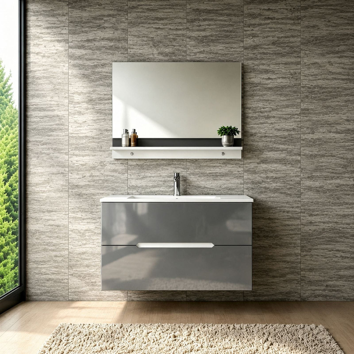 Faizee Home Badmöbelset Aliyah 90 cm Hochglanz Grau Weiß inkl. Waschbecken, Spiegel & Regal