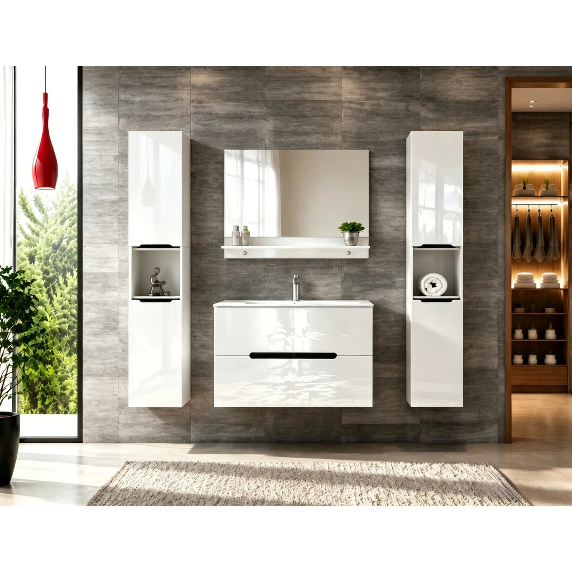 Faizee Home Badmöbelset Aliyah 90 cm Schwarz Weiß inkl. Waschbecken, Spiegel & Regal