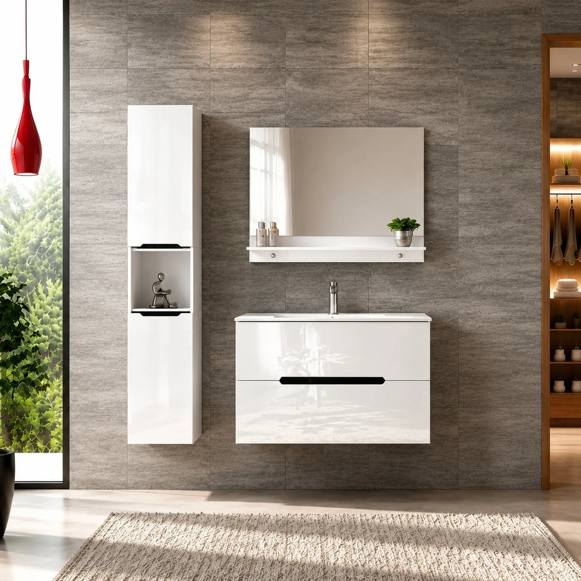 Faizee Home Badmöbelset Aliyah 90 cm Schwarz Weiß inkl. Waschbecken, Spiegel & Regal