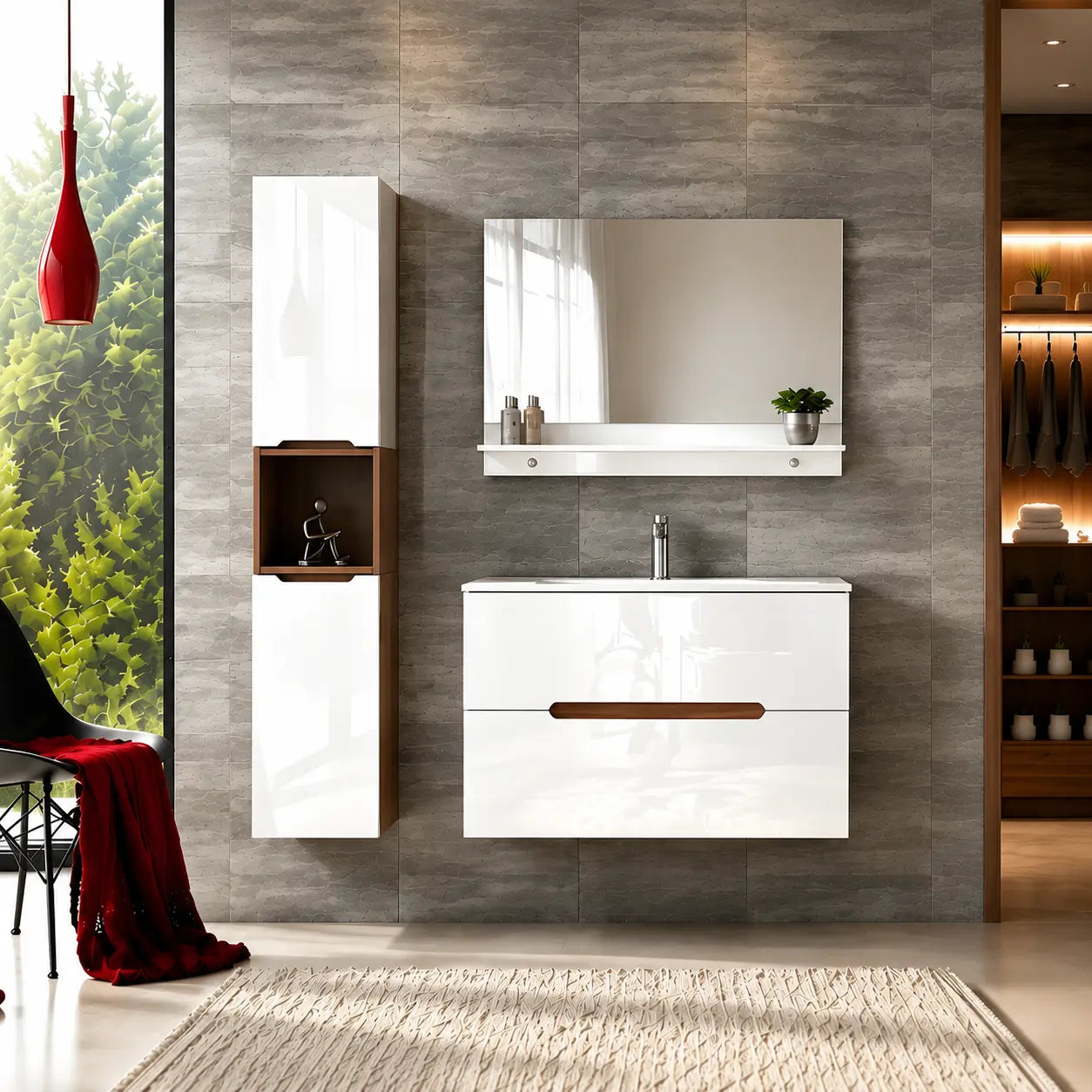 Faizee Home Badmöbelset Aliyah 90 cm Hochglanz Weiß Sonoma inkl. Waschbecken, Spiegel & Regal