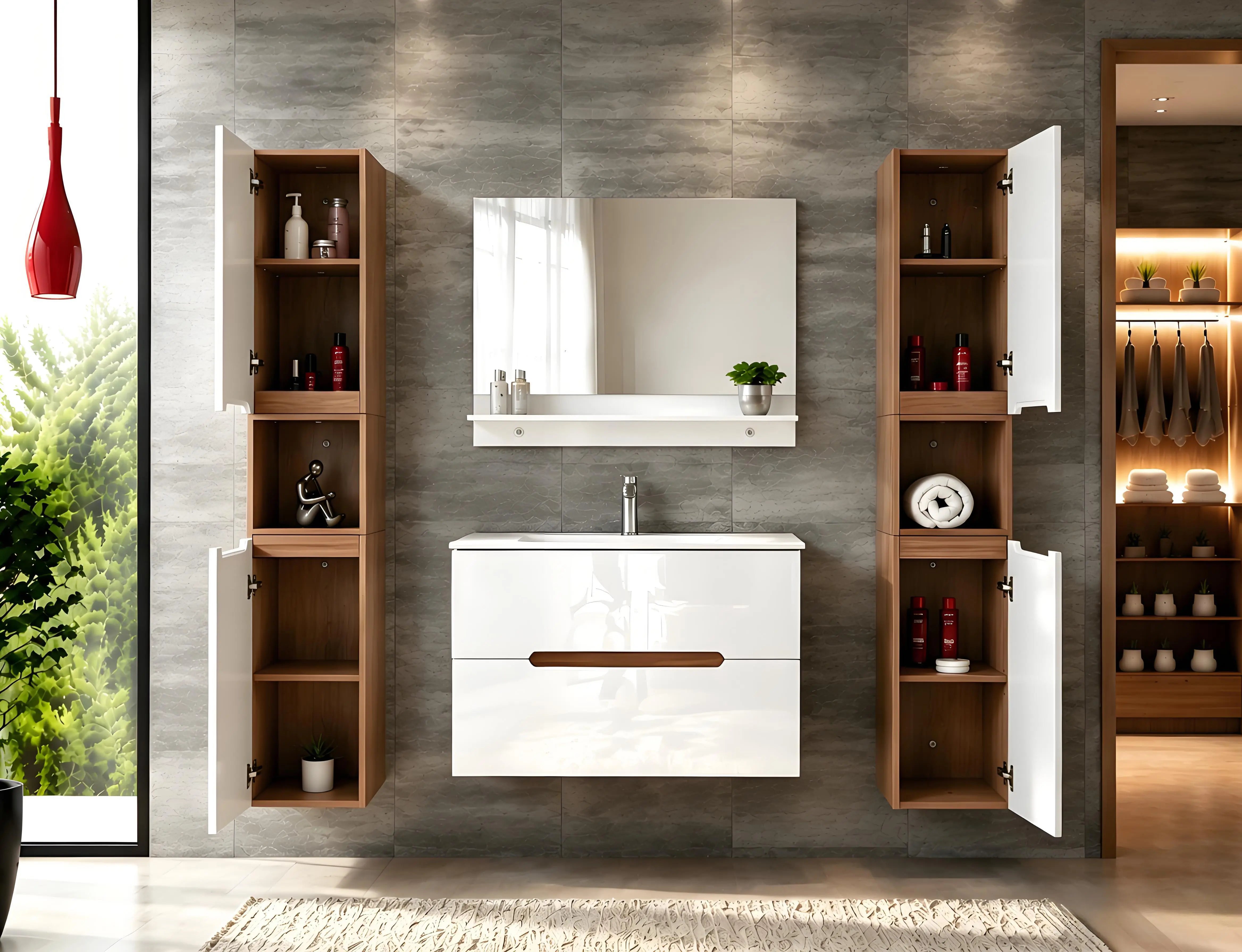 Faizee Home Badmöbelset Aliyah 90 cm Hochglanz Weiß Sonoma inkl. Waschbecken, Spiegel & Regal