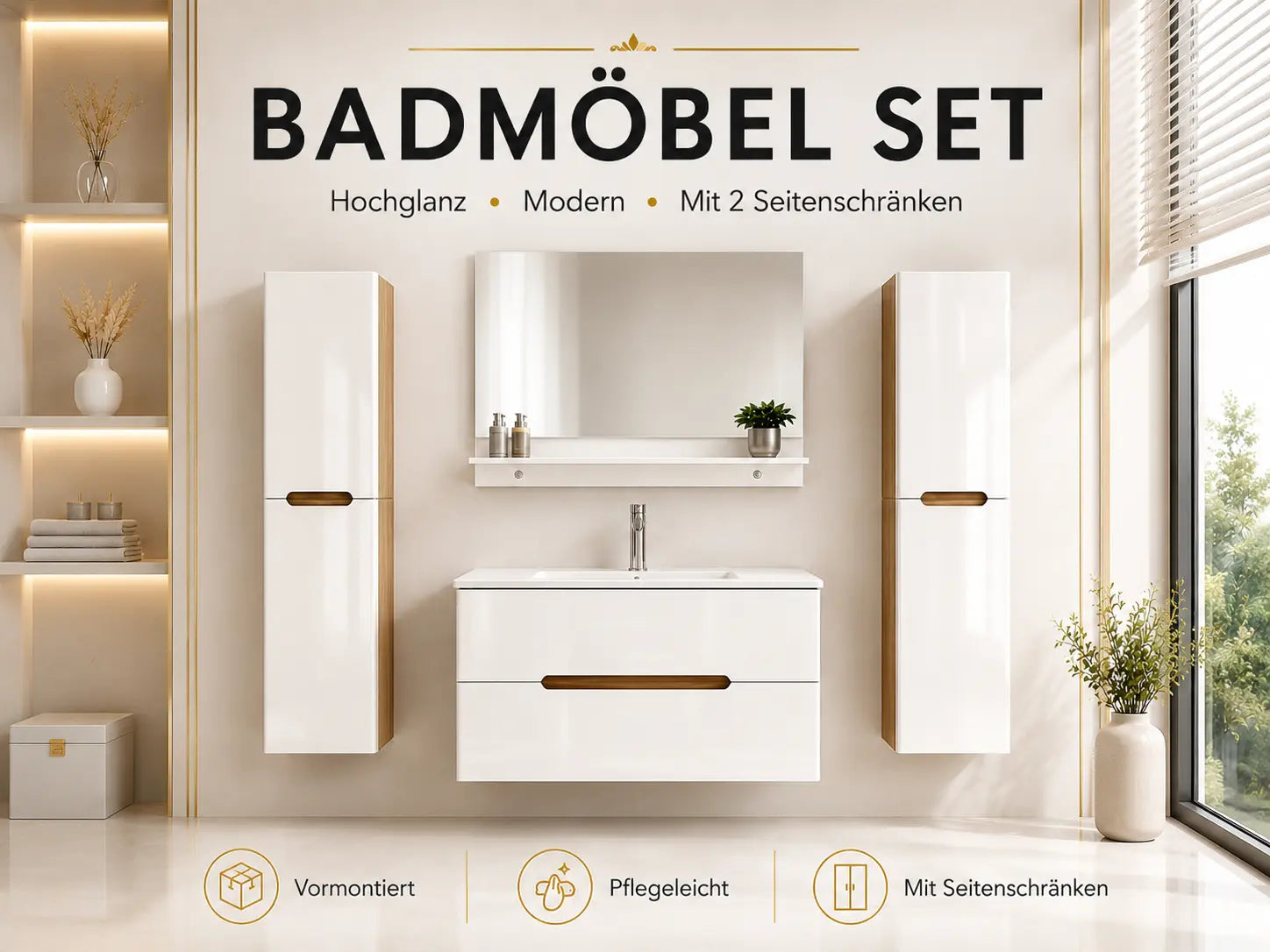 Faizee Home Badmöbelset Aliyah 90 cm Hochglanz Weiß Sonoma inkl. Waschbecken, Spiegel & Regal