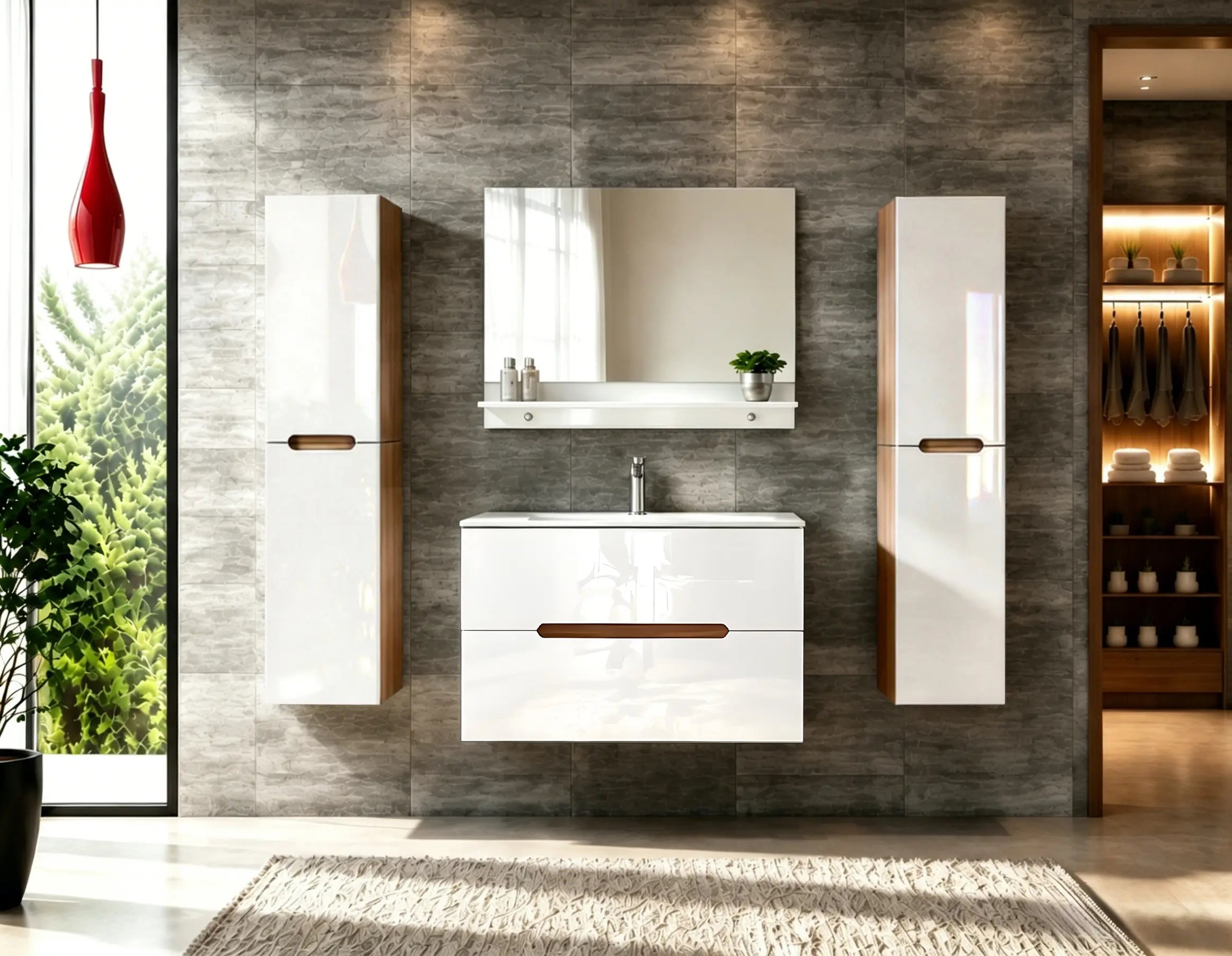 Faizee Home Badmöbelset Aliyah 90 cm Hochglanz Weiß Sonoma inkl. Waschbecken, Spiegel & Regal