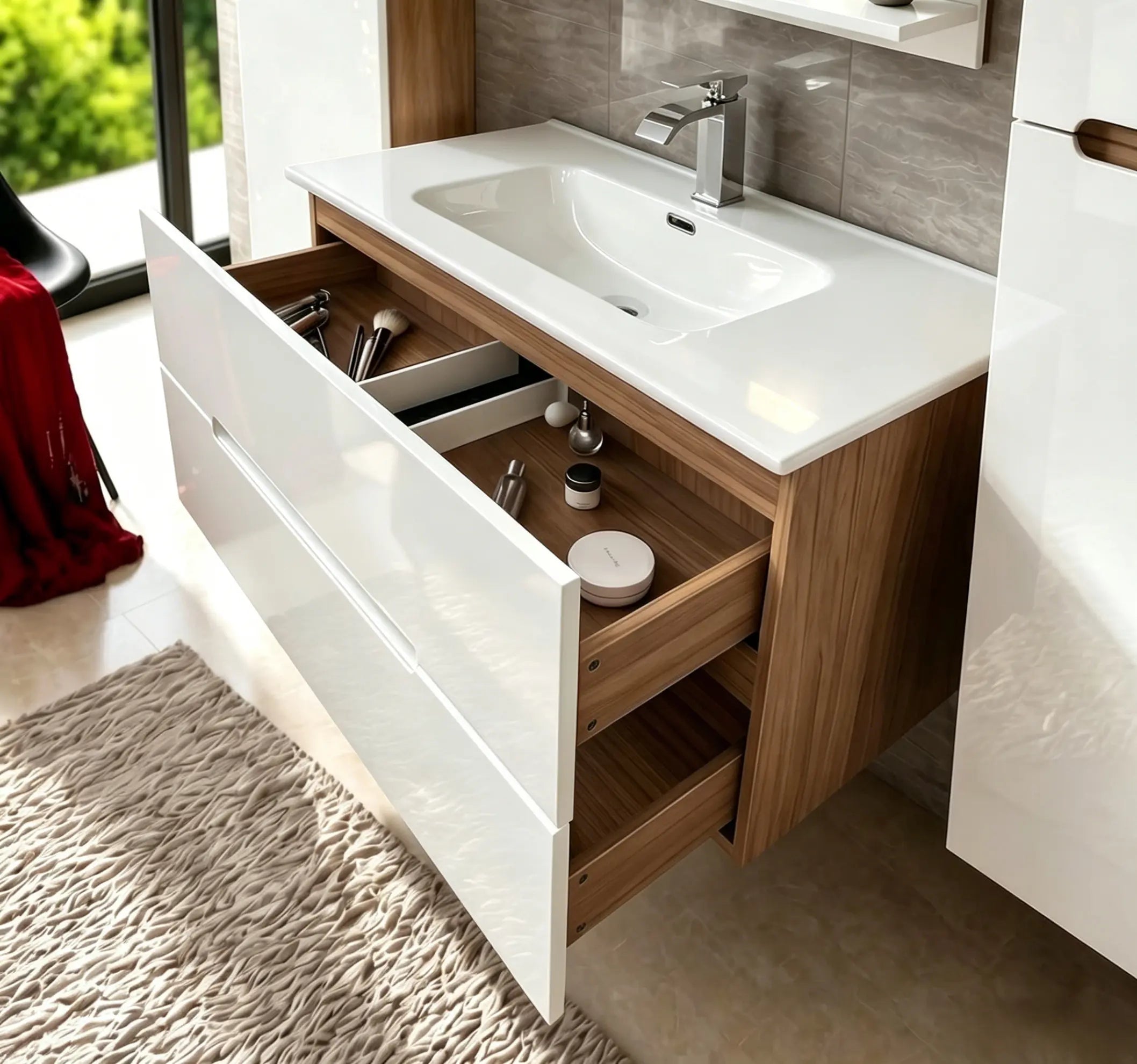 Faizee Home Badmöbelset Aliyah 90 cm Hochglanz Weiß Sonoma inkl. Waschbecken, Spiegel & Regal