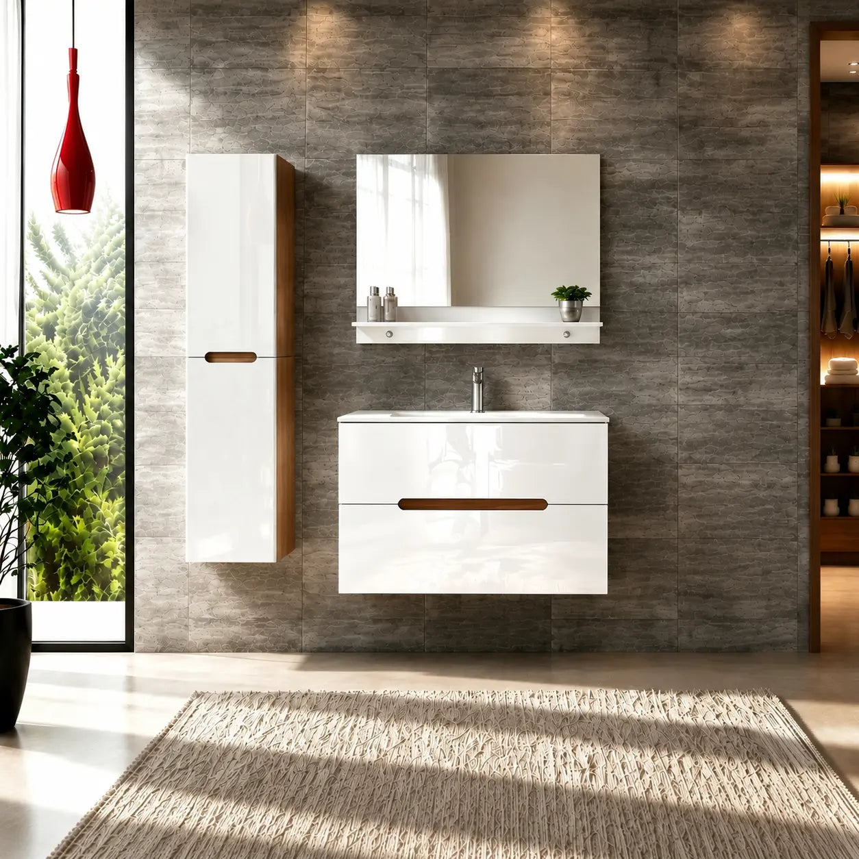 Faizee Home Badmöbelset Aliyah 90 cm Hochglanz Weiß Sonoma inkl. Waschbecken, Spiegel & Regal