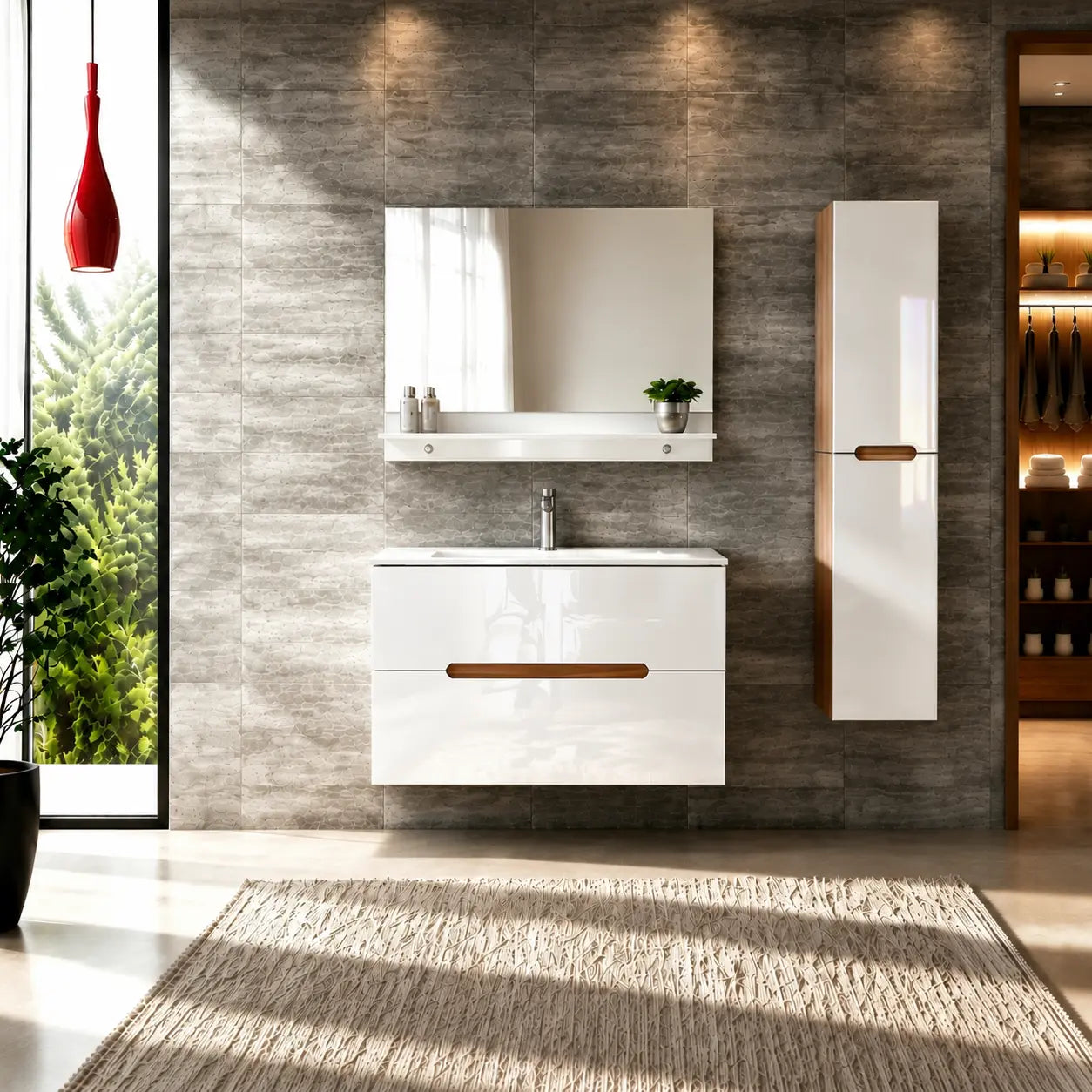 Faizee Home Badmöbelset Aliyah 90 cm Hochglanz Weiß Sonoma inkl. Waschbecken, Spiegel & Regal