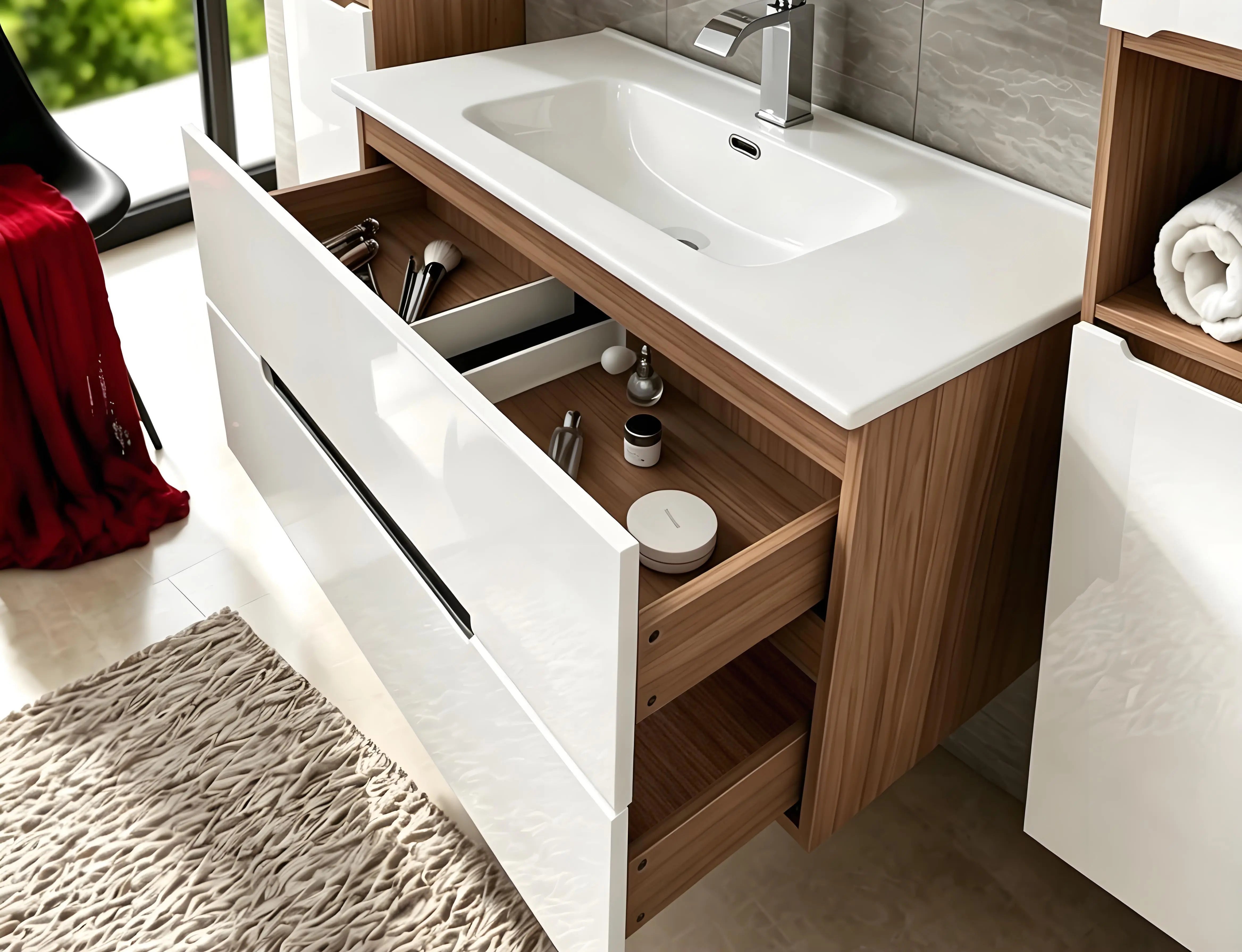 Faizee Home Badmöbelset Aliyah 90 cm Hochglanz Weiß Sonoma inkl. Waschbecken, Spiegel & Regal