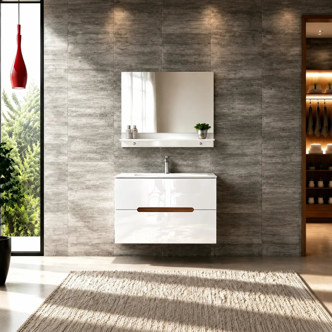 Faizee Home Badmöbelset Aliyah 90 cm Hochglanz Weiß Sonoma inkl. Waschbecken, Spiegel & Regal