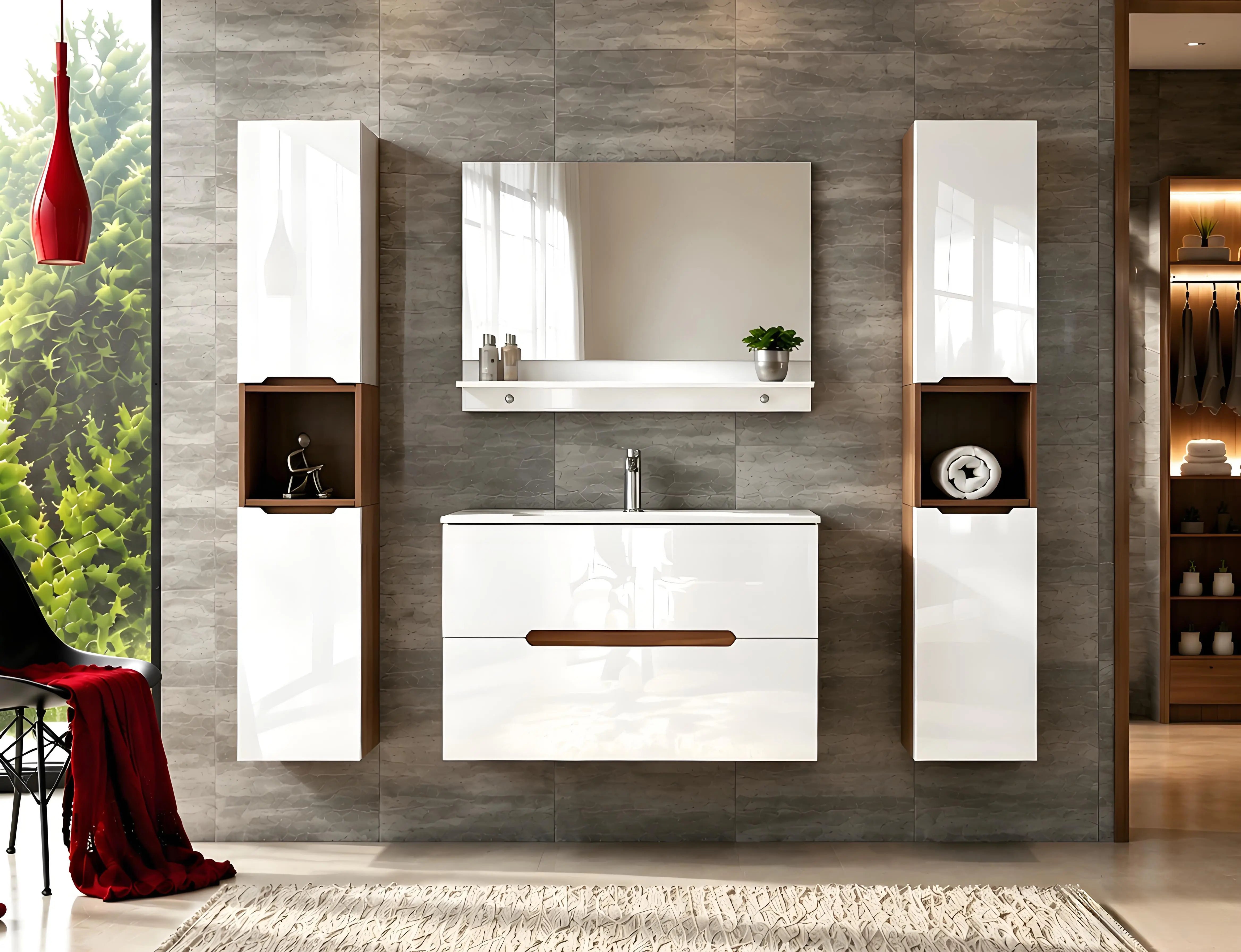 Faizee Home Badmöbelset Aliyah 90 cm Hochglanz Weiß Sonoma inkl. Waschbecken, Spiegel & Regal
