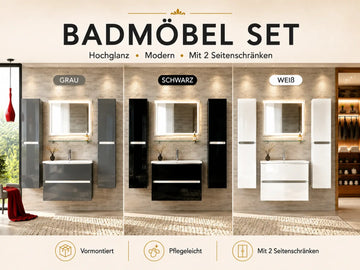 Faizee Home Lumen Badmöbelset 90 cm Hochglanz mit LED-Spiegel – Grau, Schwarz oder Weiß, optional mit 0, 1 oder 2 Seitenschränken