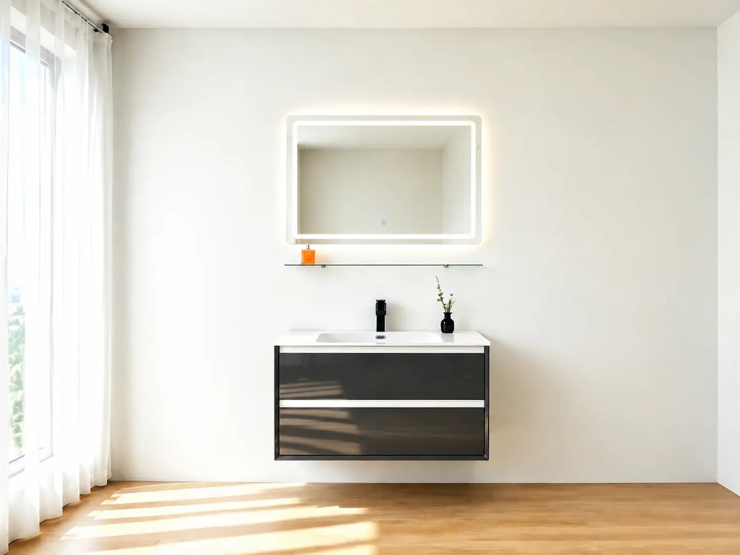 Faizee Home Lumen Badmöbelset 90 cm Hochglanz mit LED-Spiegel – Grau, Schwarz oder Weiß, optional mit 0, 1 oder 2 Seitenschränken