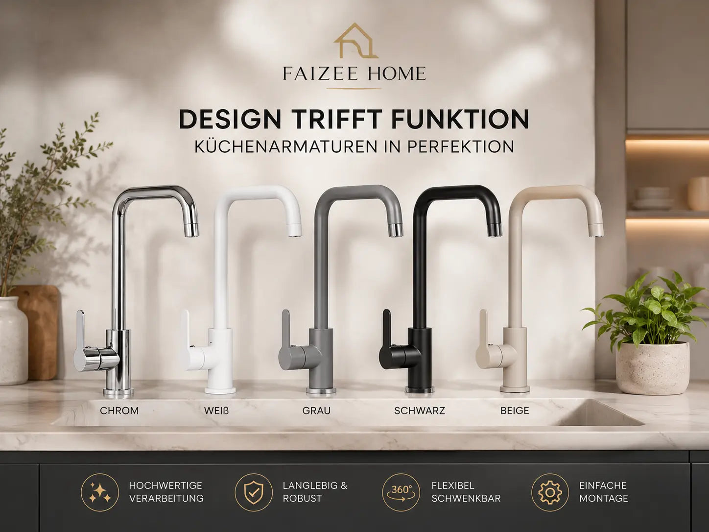 Faizee Möbel STEEL Küchenarmatur 360° drehbar – Edelstahl & Messing