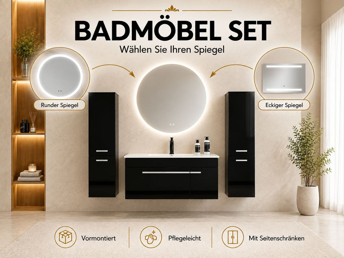 Faizee Home Badmöbelset 90 cm Schwarz Hochglanz inkl. Keramik-Waschbecken, LED-Spiegel & optionalen Seitenschränken