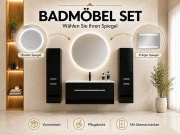 Faizee Home Badmöbelset 90 cm Schwarz Hochglanz inkl. Keramik-Waschbecken, LED-Spiegel & optionalen Seitenschränken
