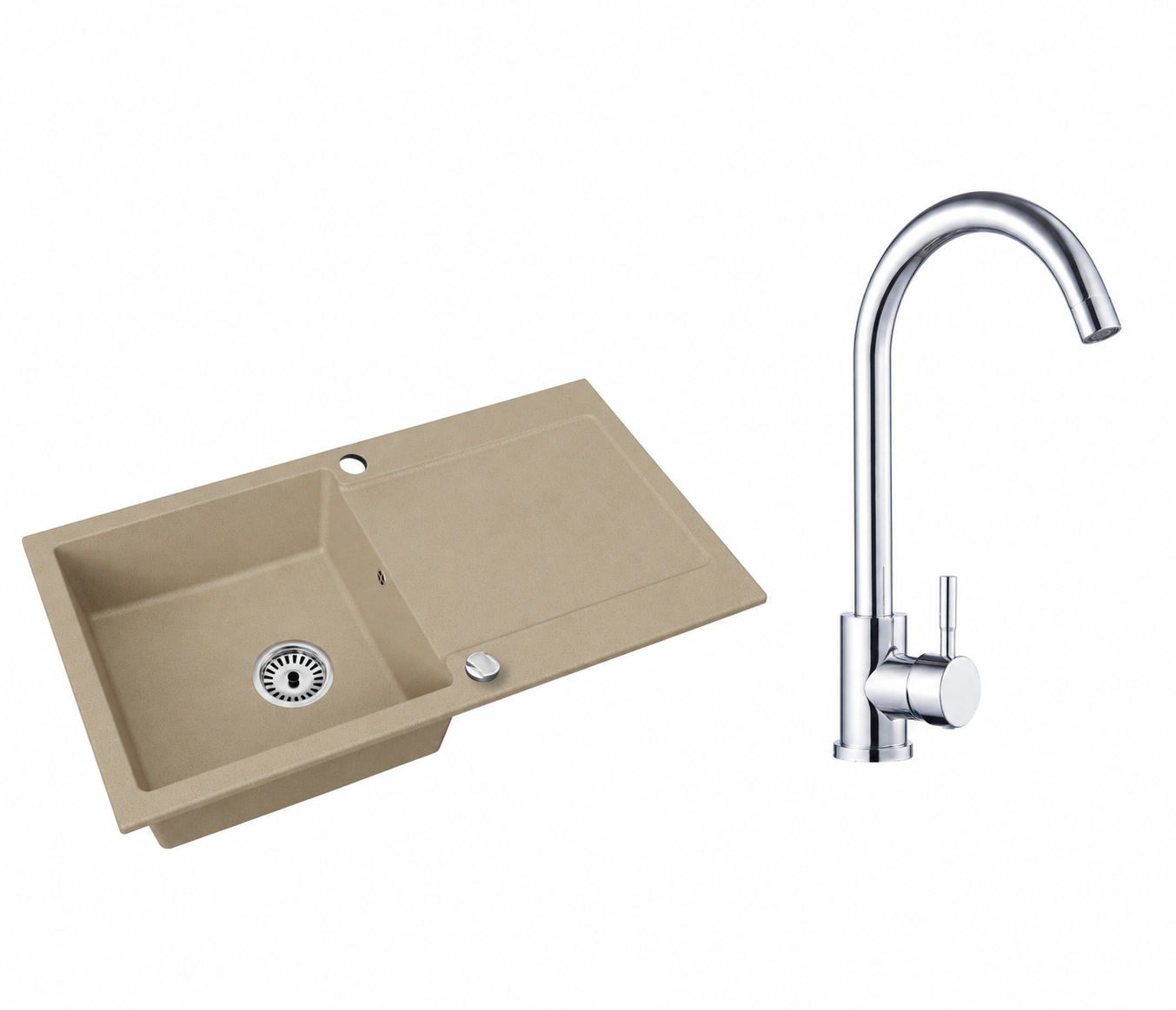 Granitspüle Element mit Abtropffläche – Einbauspüle beidseitig montierbar, inkl. Siphon Mit Armatur