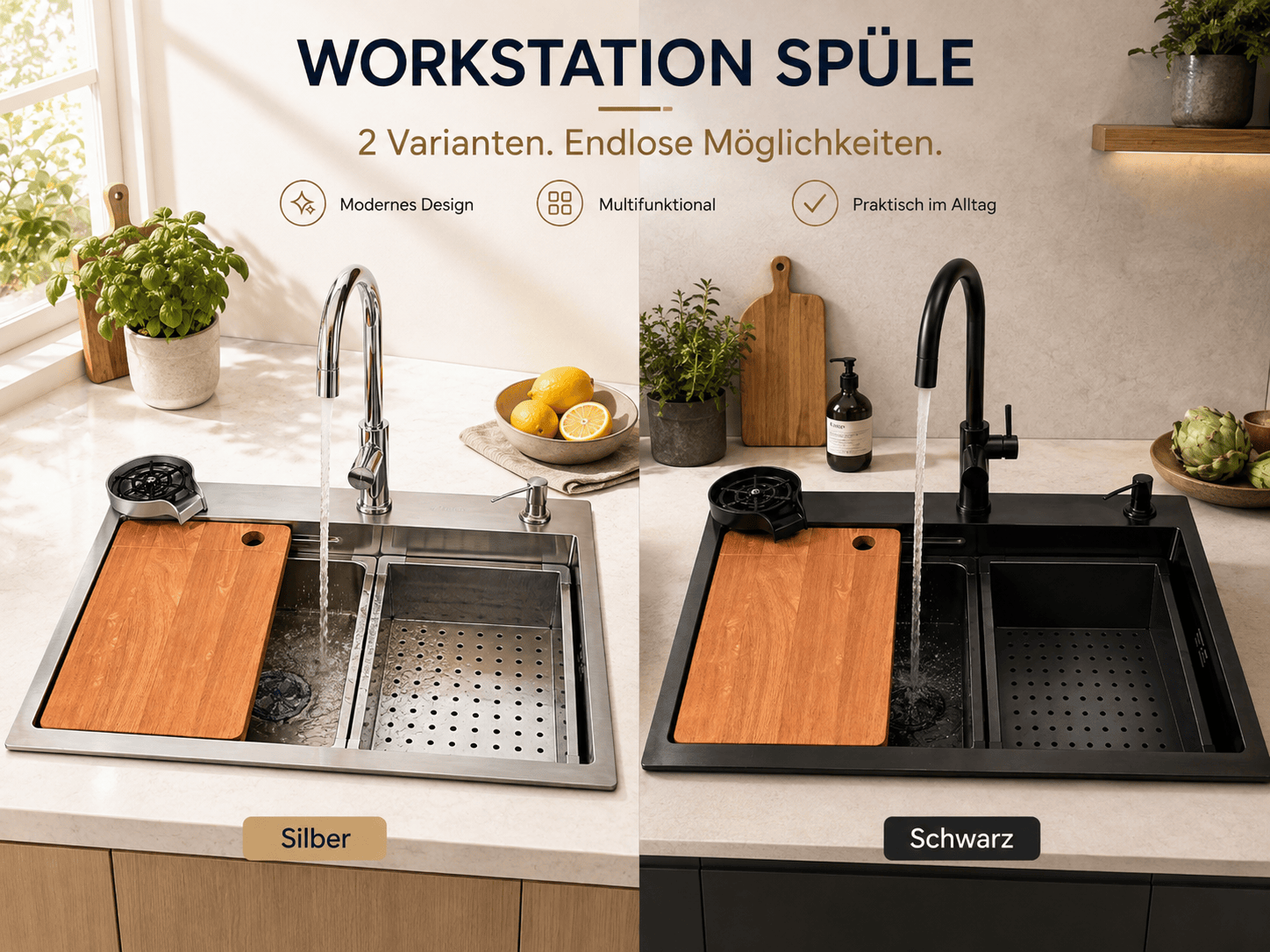 Faizee Home Quantum Edelstahlspüle 75 × 45 × 23 cm – Workstation mit Armatur, Glasreiniger & Zubehör – Graphit oder Silber